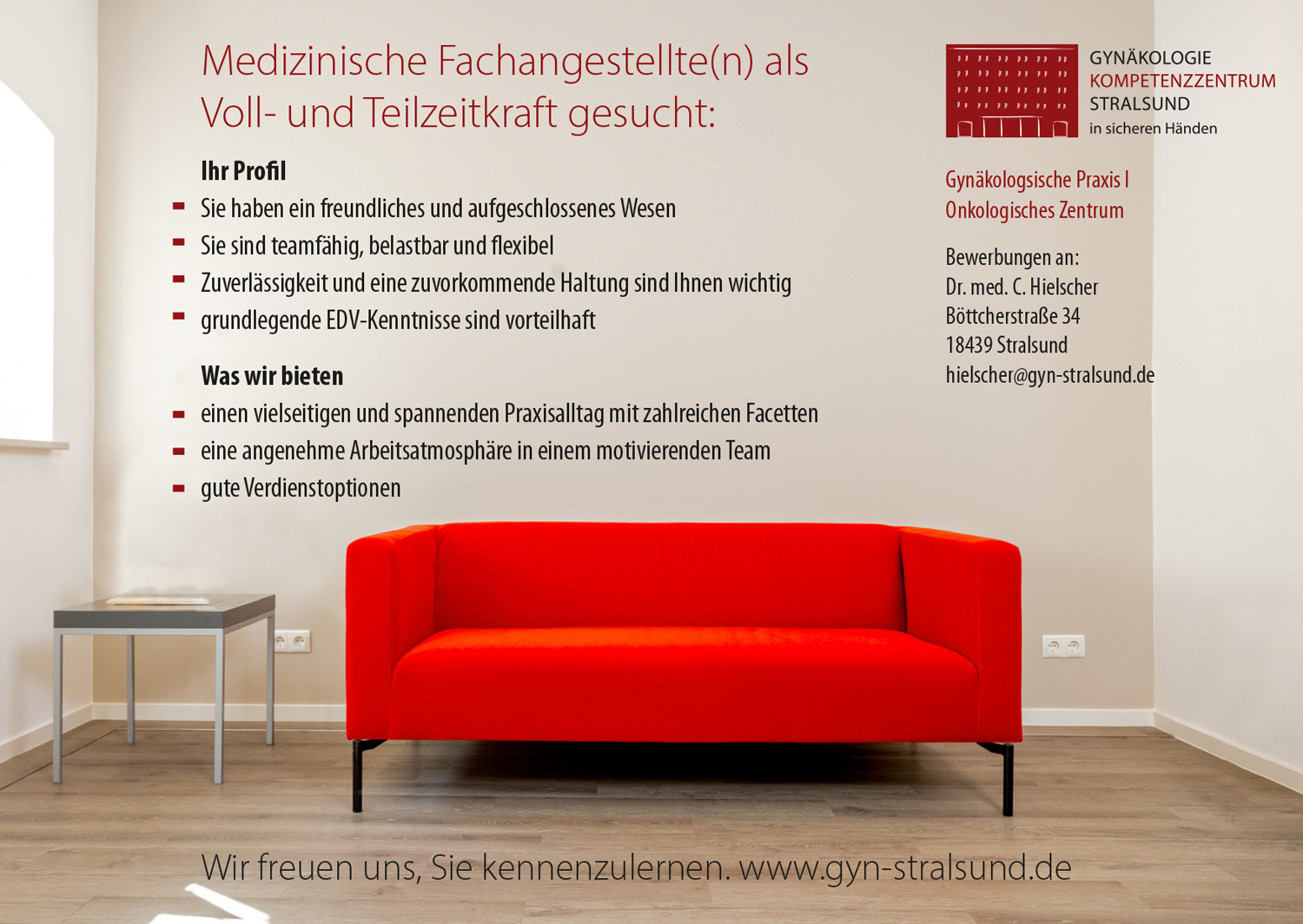 Praxis_Hielscher_Stellenbeschreibung Die gynäkologische Praxis mit onkologischem Zentrum von Dr. med. C. Hielscher in der Stralsunder Altstadt sucht medizinische Fachangestellte (m/w/d)